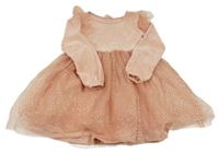 Broskvovo-starorůžové žinylkovo/tylové šaty s puntíky a volánky H&M