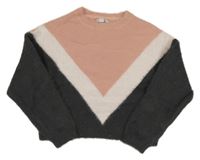 Pudrovo-světlerůžovo-tmavošedý chlupatý oversize crop svetr PRIMARK