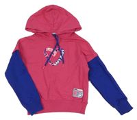 Tmavorůžovo-safírová mikina se srdíčkem s nápisy a nášivkou a kapucí