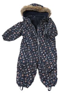 Tmavomodrá šusťáková zimní kombinéza s kytičkami a odepínací kapucí s kožešinou H&M