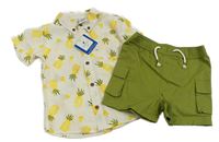 2set - Smetanová košile s ananasy + khaki plátěné cargo kraťasy