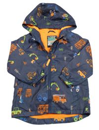 Tmavomodrá melírovaná šusťáková jarní bunda s dopravními prostředky a kapucí F&F