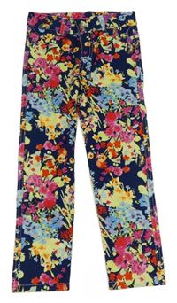 Tmavomodro-barevné květované plátěné kalhoty