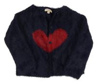 Tmavomodrý chlupatý propínací svetr se srdcem