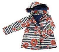 Smetanovo-tmavomodrá pruhovaná nepromokavá jarní parka s květinami a kapucí Tuc Tuc