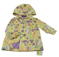 Nové - žluto-fialová šusťáková jarní bunda s Minnie a obrázky a kapucí George