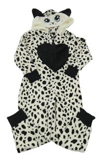 Bílo-černá vzorovaná plyšová kombinéza s kapucí - kočka