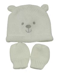 2 set - bílá pletená čepice - medvěd + pletené rukavice George