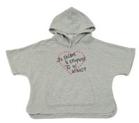 Šedá crop melírovaná mikina s nápisy a kapucí 