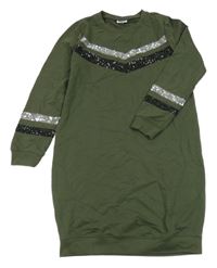 Tmavozelené teplákové šaty s pruhy z flitrů 