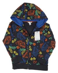 Nové - tmavomodro-barevná propínací mikina s auty a kapucí M&Co.