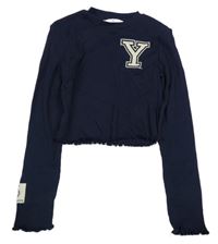 Tmavomodré žebrované crop triko s písmenem H&M