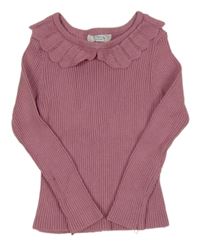 Růžový žebrovaný lehký svetr s límečkem Primark