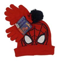 Nové - 2 set - červená pletená čepice + rukavice - Spiderman 