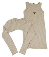 2set - Béžové žebrované bolerko + béžové žebrované šaty se srdcem Primark