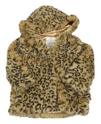 Béžovo-černá kožešinová podšitá bunda s leopardím vzorem a kapucí F&F