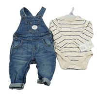 Nové - 2set - Smetanovo-tmavomodré pruhované body + modré laclové rifle F&F