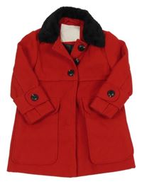 Červeno-černý flaušový podšitý kabát s kožešinovým límcem Matalan