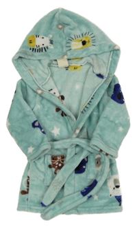 Zelený plyšový župan se zvířátky a kapucí 