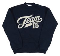 Tmavomodrý vlněný svetr s nápisem H&M