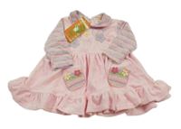 Nové - Světlerůžovo-šedo-lila sametové šaty s květy a pruhy 