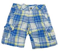 Světlemodro-bílo-žluté kostkované plátěné cargo kraťasy Topolino