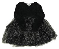 Černo-stříbrné žinylkové šaty s tylovou puntíkatou sukní H&M