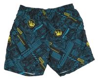 Černo-modro-žluté vzorované plážové kraťasy s diny - Jurský Svět 