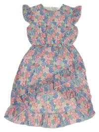 Bílo-modro-barevné šifonové šaty s listy a ananasy Y.F.K.