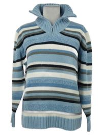 Dámský světlemodro-šedo-bílý pruhovaný svetr s límcem 