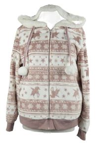 Dámská starorůžovo-bílá vzorovaná plyšová propínací mikina s kapucí TU 