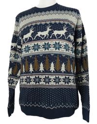 Pánský tmavomodrý vzorovaný svetr se zimním motivem Next 