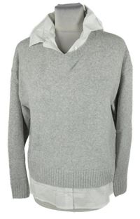 Nové - Dámský šedý svetr s bílou halenkovou vsadkou Primark 