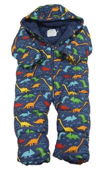 Tmavomodrá šusťáková zimní kombinéza s dinosaury a kapucí Miniclub