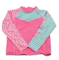 Neonově růžovo-modré UV triko s puntíky a proužky