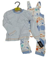 Nové - 2set - Bílo-modré laclové tepláky s rybami + pruhované triko Dunnes stores