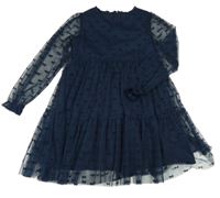 Tmavomodré tylové šaty s mašličkami 