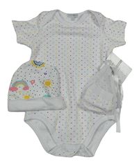 Nové - 3set - Bílé puntíkaté body + rukavičky + bílá bavlněná čepice s duhami