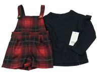 Nové - 2Set - Červeno-černo-bílé kostkované laclové kraťasy + černé žebrované triko s volánky F&F