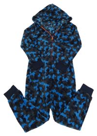 Tmavomodro-šedá vzorovaná plyšová kombinéza s kapucí 9th Avenue 
