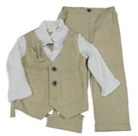 3set - Béžovo-bílá pruhovaná vesta se všitou košií + kalhoty + motýlek