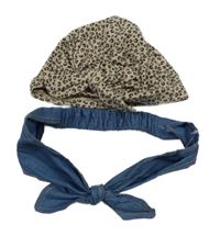 2set - Béžovo-hnědá vzorovaná čepice s mašlí + modrá plátěná čelenka s mašlí