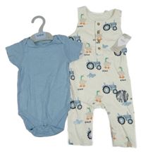 Nové - 2set - Světlemodré body s + smetanové teplákové lacláče s traktory 