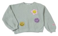 Světlezelený žinylkový crop svetr s nášivkami H&M