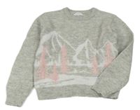 Šedý melírovaný crop svetr s horami a stromečky PRIMARK