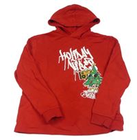 Červená mikina s nápisy a vánočním stromečkem a kapucí zn. H&M