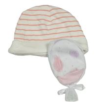 Nový - 2Set - Smetanovo/korálová pruhovaná čepice PRIMARK + bílo/světlerůžové rukavice s balony