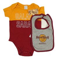 Nové - 2Set - Vinovo/oranžové body s nápisy + šedo/vínový melírovaný bryndák