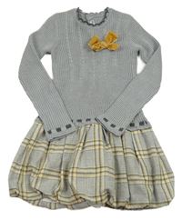 Šedo-okrovo-bílo-tmavošedé kostkované vlněné balonové šaty s mašlí a vzorem Miranda