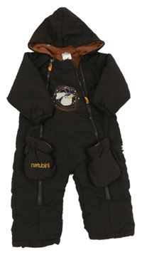 Tmavohnědá šusťáková zimní kombinéza se sněhuláčkem a kapucí + rukavice